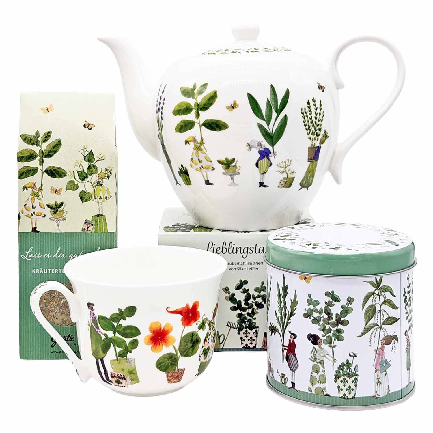 Kräutergarten Premium Tee-Set – Teekanne, Tasse, Tee & Teedose