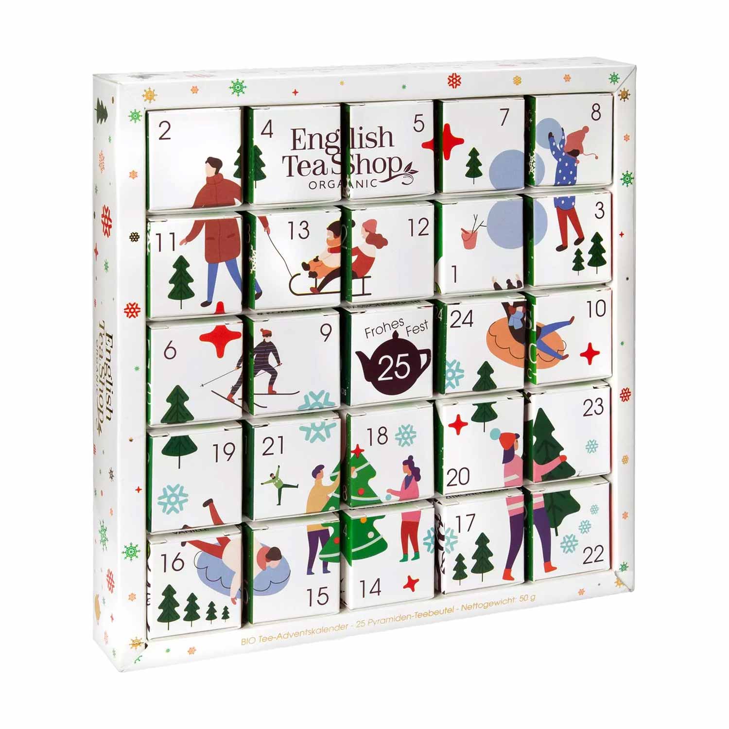 Tee Adventskalender "White Ornaments", 25 x BIO Tee in kompostierbaren Pyramidenbeutel
