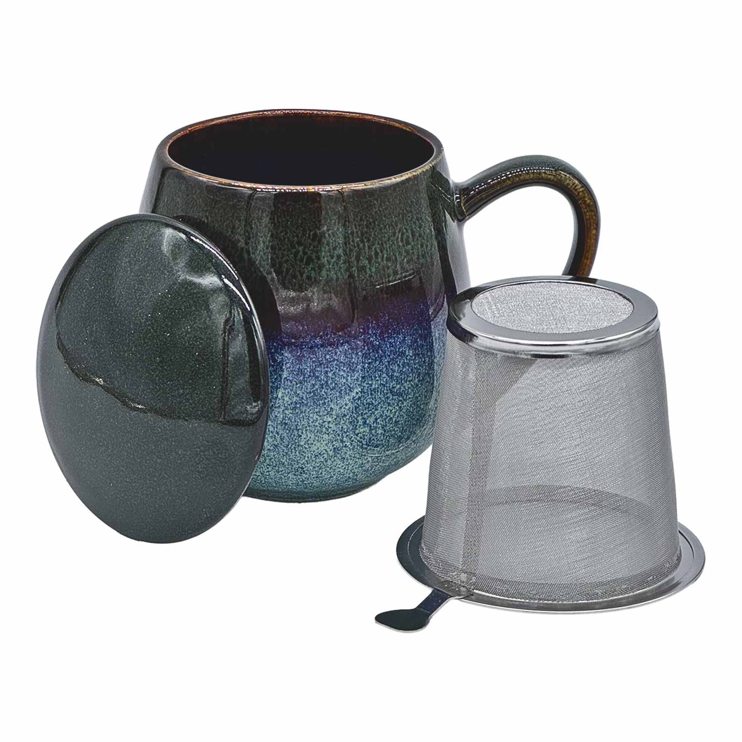 Kräuterteetasse in Dunkelgrün-Blau mit Edelstahlsieb und Deckel – Reactive Glaze, 3-teiliges Set, Tasse, Deckel und Sieb