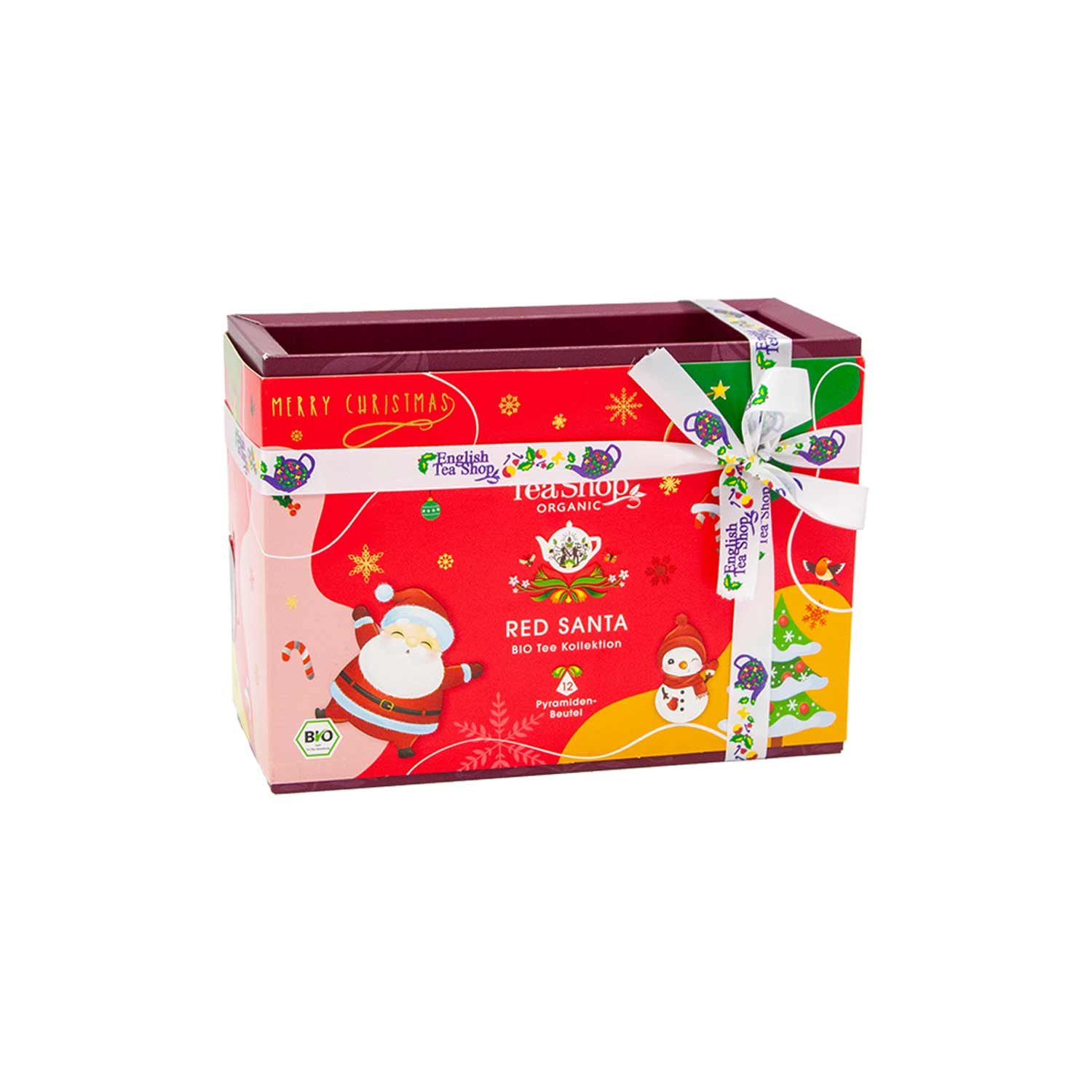 BIO-Teegeschenk mit Schleife "Red Santa", 12 Pyramiden-Beutel