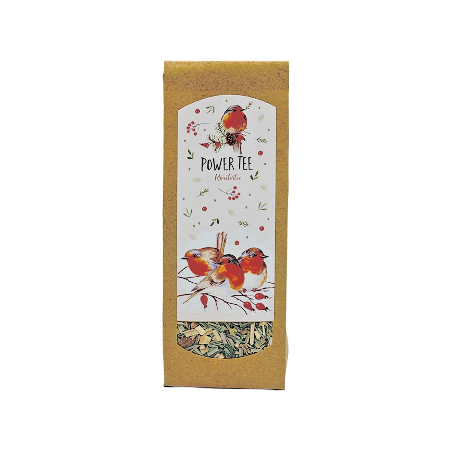 Kräutertee „Power Tee“ – zitronig, frisch und angenehm würzig Braune Papiertüte mit Power Tee-Kräutertee mit einem Etikett mit Rotkehlchen-Illustrationen und einem durchsichtigen Fenster mit Teeblättern.