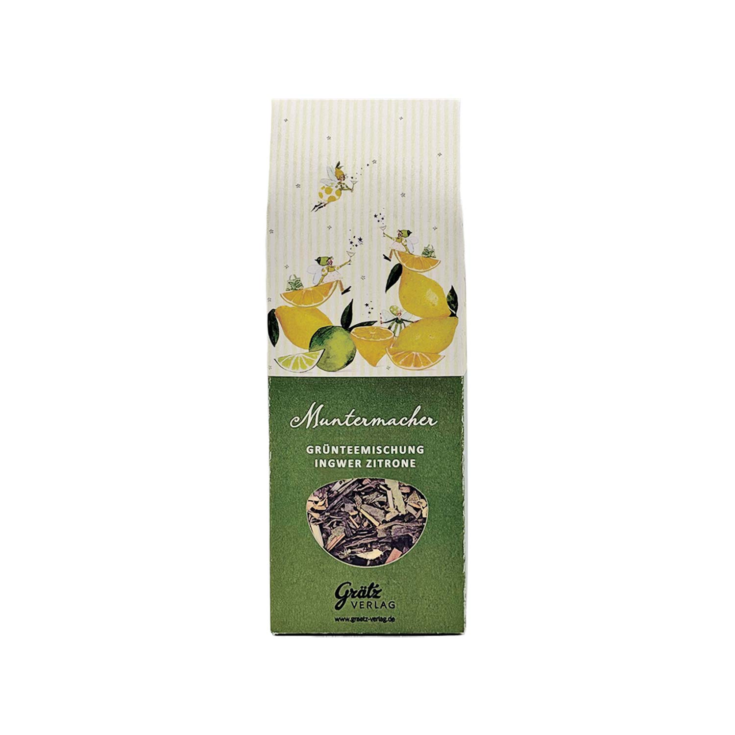 Grüntee „Muntermacher“ – Ingwer-Zitrone, 85 g Eine vertikale Tüte Muntermacher-Grüntee mit Ingwer und Zitrone, mit skurrilen Feenillustrationen und einem Sichtfenster.