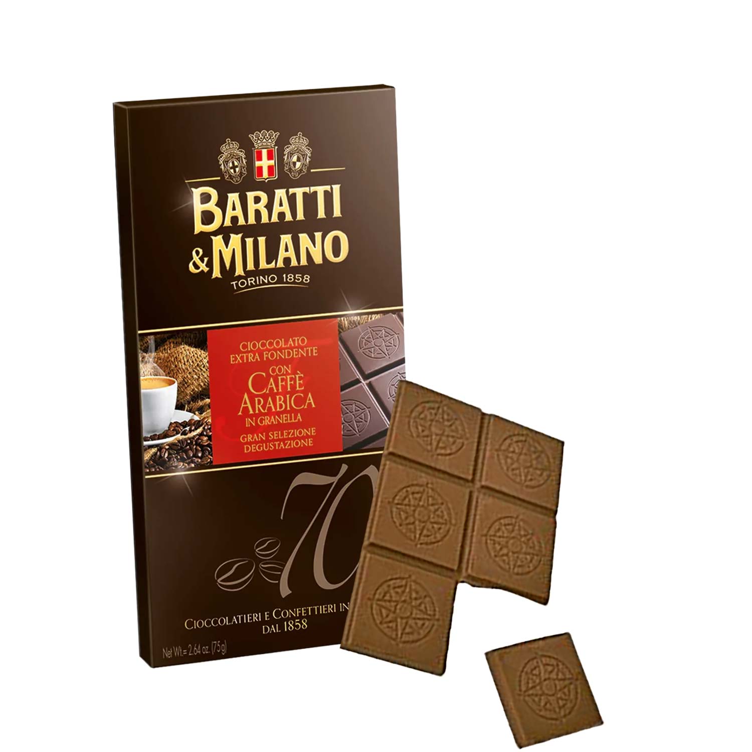 Baratti Extra Dunkle Schokolade 70 % mit Arabica-Kaffee, 75g
