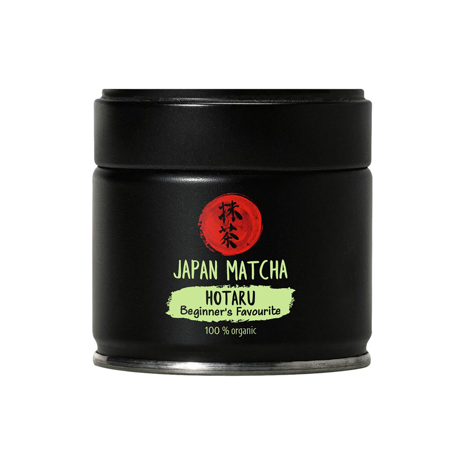 Matcha Hotaru Bio – Japanischer Matcha Tee für Einsteiger Eine schwarze zylindrische Dose Japan Matcha Hotaru Bio-Grüntee mit rotem kreisförmigem Logo und weißem Produkttext.