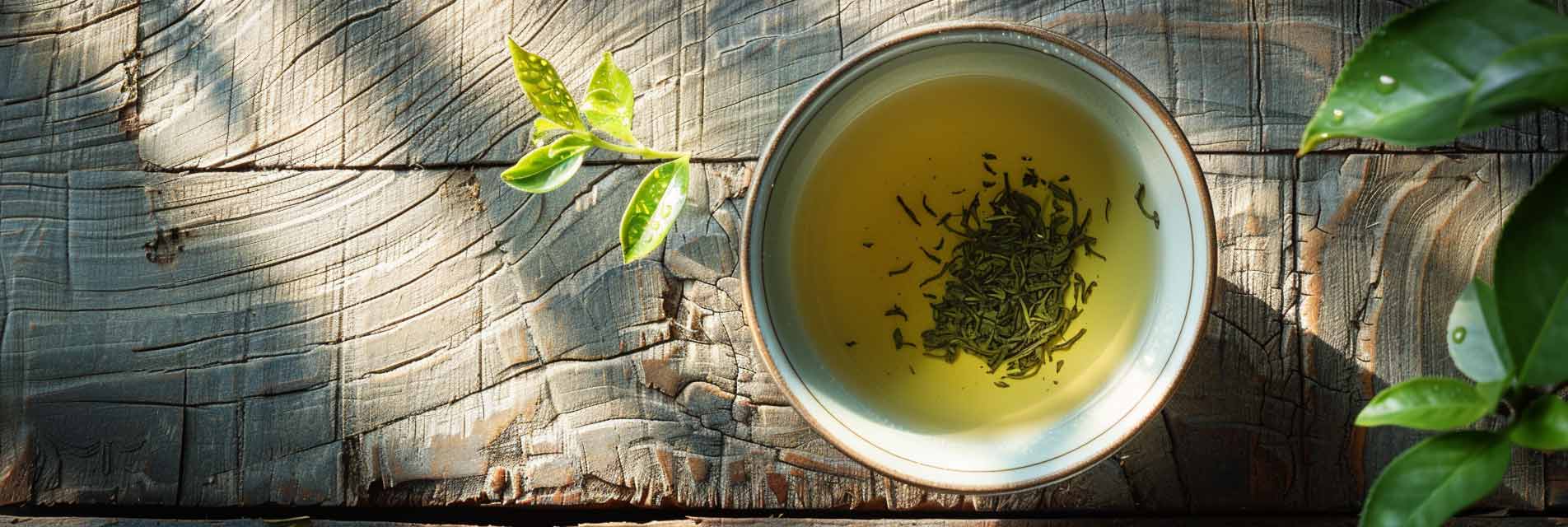 Close-up_of_fresh_tea_leaves_on_a_rustic_wooden_table